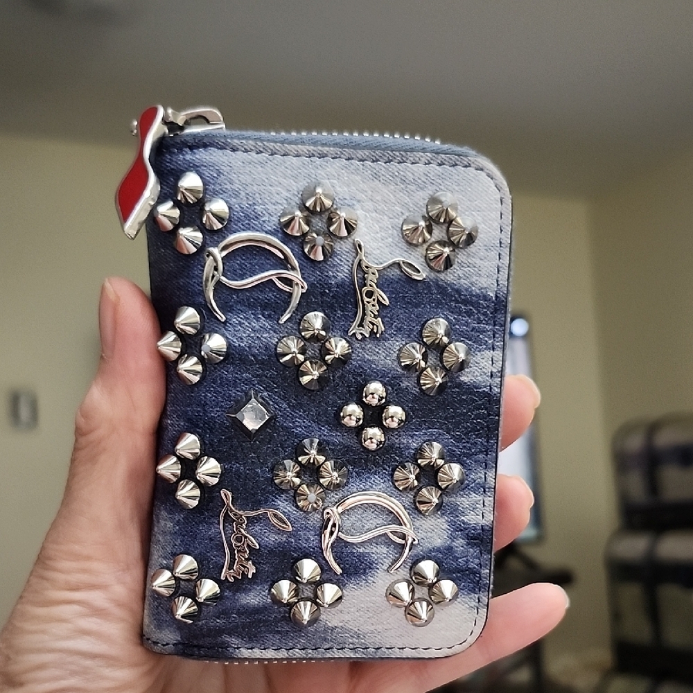 New Christian Louboutin Denim Blue Leather Wallet with Studs - Picture 2 of 5